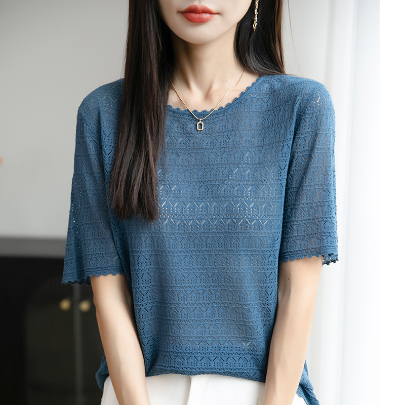 25 Summer Lace Round Neck Cut Out Pure Color Knitted Short-Sleeved T-Shirt Women's Versatile Thin Design Three-Quarter Sleeve Top