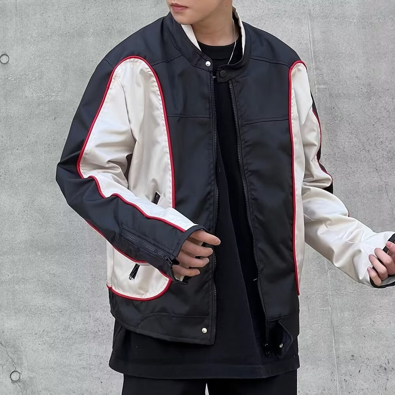 American-style Retro Motorcycle Racing Suit Men's Trendy Brand Stitching High-end Sense Leather Jacket High Street Pad Shoulder Baseball Suit