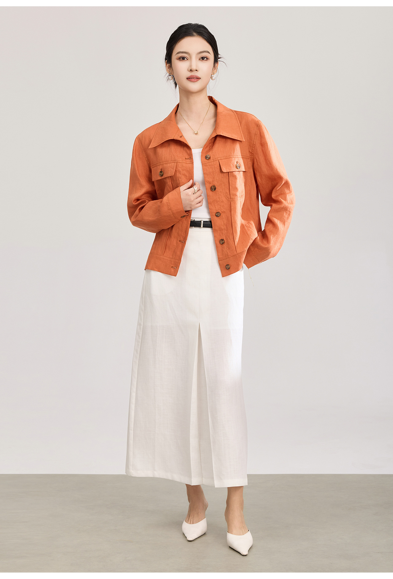 Áo sơ mi nữ linen phong cách Old Money hai túi xếp ly kiểu công nhân — màu cam chi tiết 23