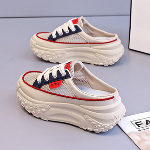 2025 New Summer Breathable Mesh Half Slippers Thick Sole Heightening 5cm Women's Shoes Fashionable Versatile Half Slippers Casual Shoes