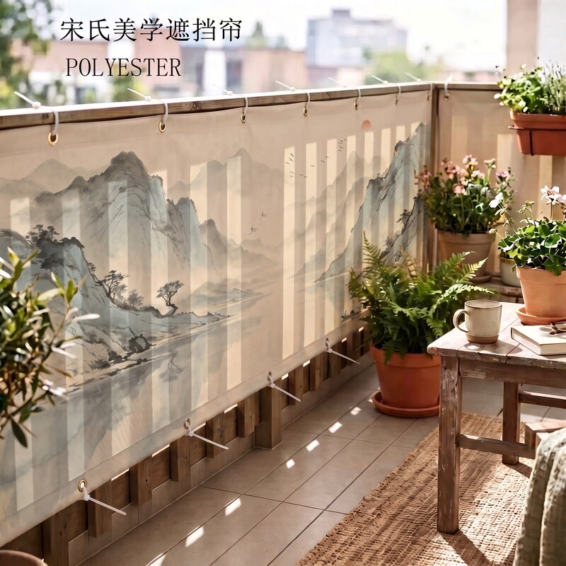 New Chinese-style "Thousand Miles of Rivers and Mountains" design balcony railing windproof curtain, villa privacy screen, terrace waterproof and privacy-protecting rain curtain