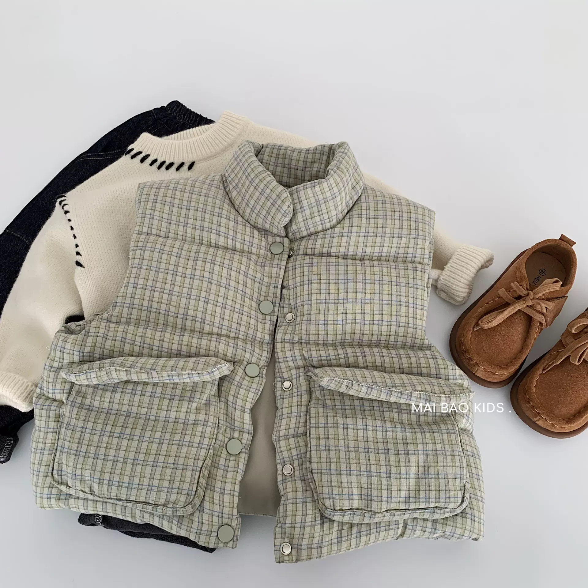 麦宝儿童棉马甲2025冬季新款男女童格子无袖背心宝宝外穿马夹代发