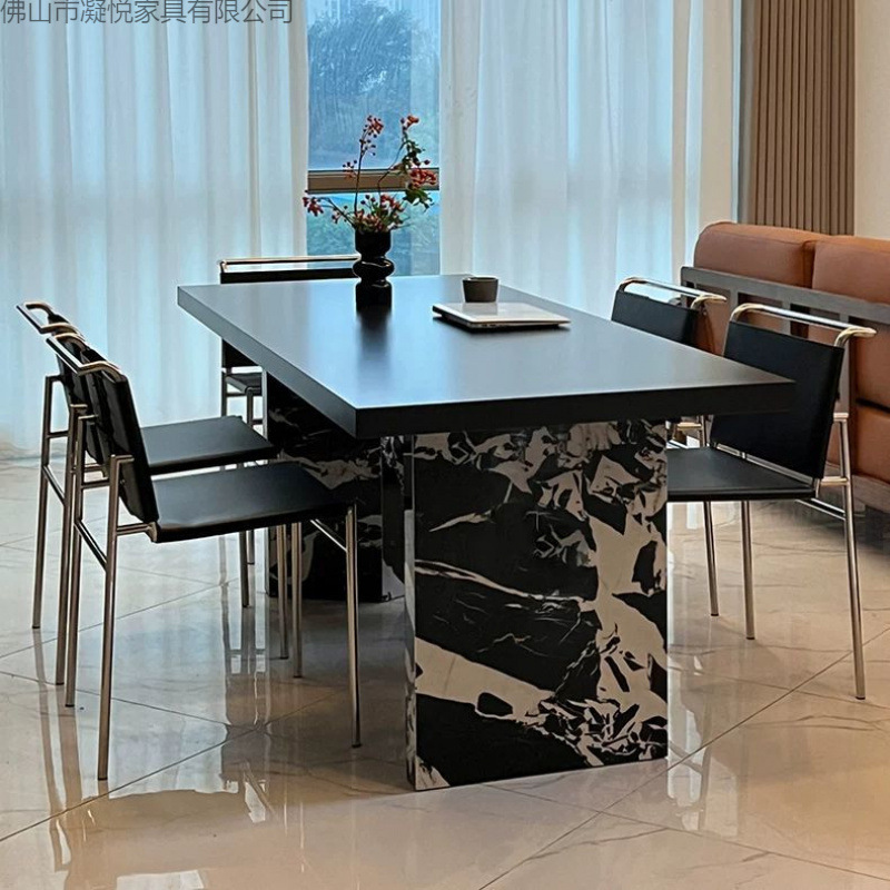 Italian Pure Black Hanging Slate Dining Table and Chair Combination Bauhaus Style Large Apartment Simple Modern Rectangular Tea Desk