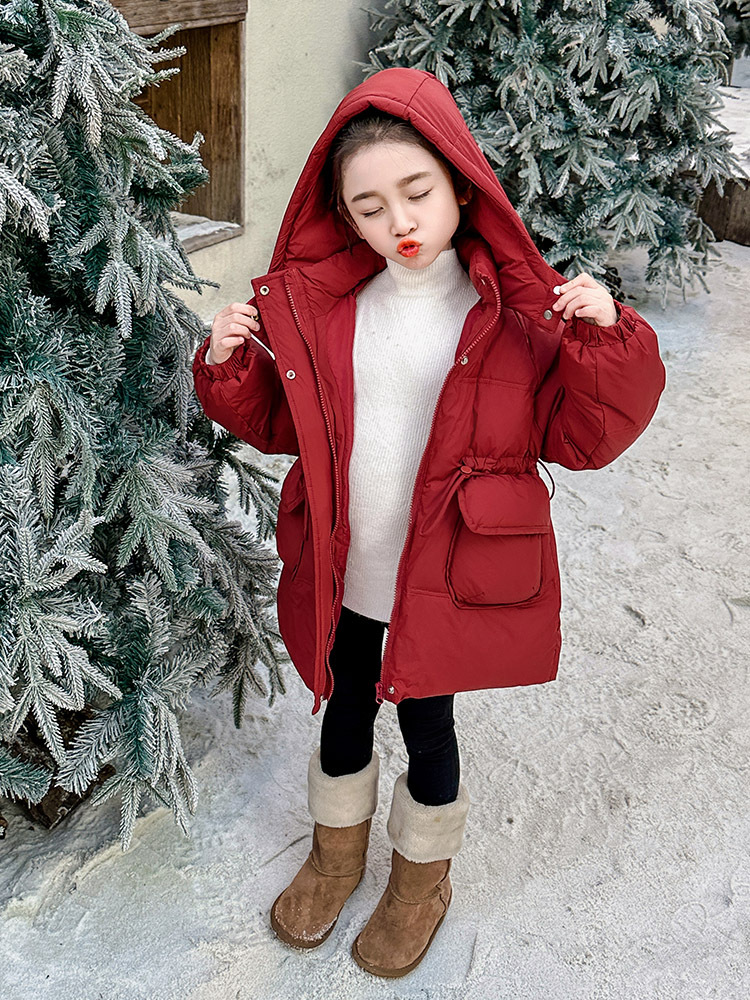 Chaqueta de plumón de niñas de estilo largo y medio para niños de estilo extranjero coreano blanco de acero grueso ropa de invierno de mujeres tesoro chaqueta de Año Nuevo rojo