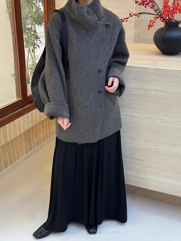 2025秋冬新款双面羊毛羊绒大衣中长款韩系气质宽松立领高级女外套|undefined