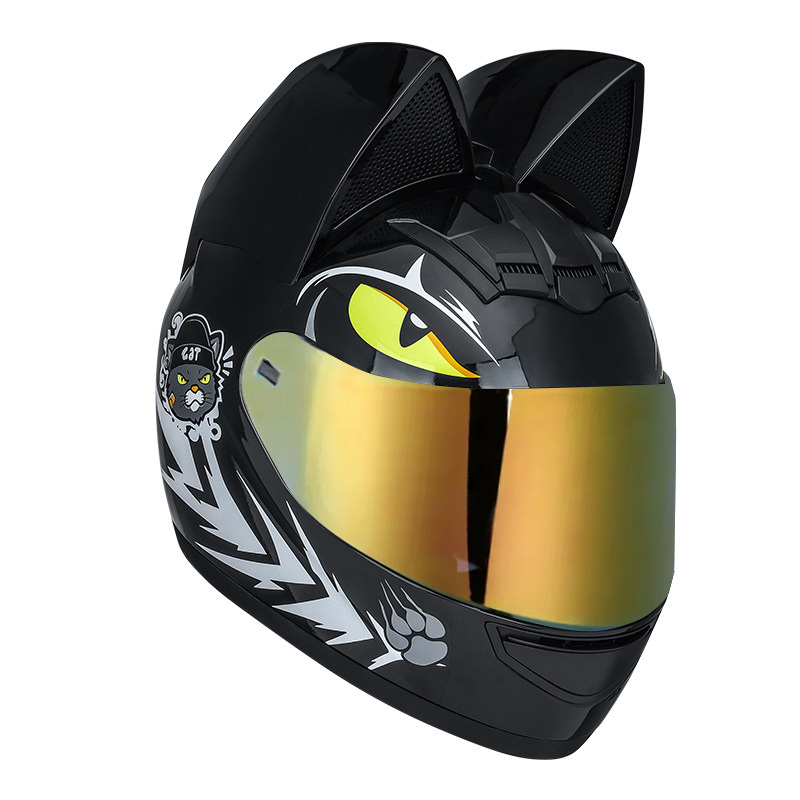 Casco de motocicleta eléctrico HNJ para mujer con orejas de gato, casco integral para verano, se puede equipar con auriculares Bluetooth, casco integral para motocicleta.