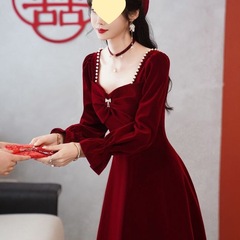 红色晚礼服女敬酒服新娘回门酒春秋新款订婚高级感连衣裙结婚2025