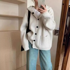 复古连帽中长款毛衣外套女秋冬款宽松软糯慵懒风加厚口袋针织开衫