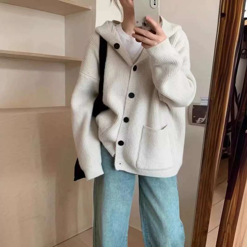 复古连帽中长款毛衣外套女秋冬款宽松软糯慵懒风加厚口袋针织开衫|undefined