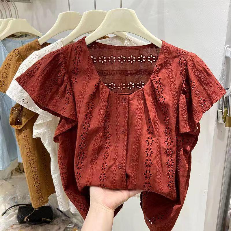 French-style embroidered lace short-sleeve blouse for women, 2026 summer design, Korean-style youthful and stylish doll shirt top