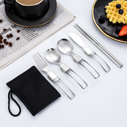 304 Stainless Steel Folding Knife Fork Spoon Chopsticks Outdoor Picnic Camping Portable Tableware Set of 5
