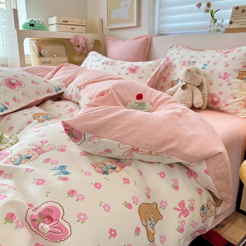 High-Looking Floral Bear Bedding Bed Sheetss Four-Piece Quilt Cover Student Dormitory Single Bed Three-Piece Striped Set