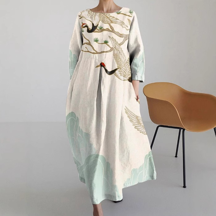 Elegant Retro Printing Crafts Long Sleeve Dress Ladies