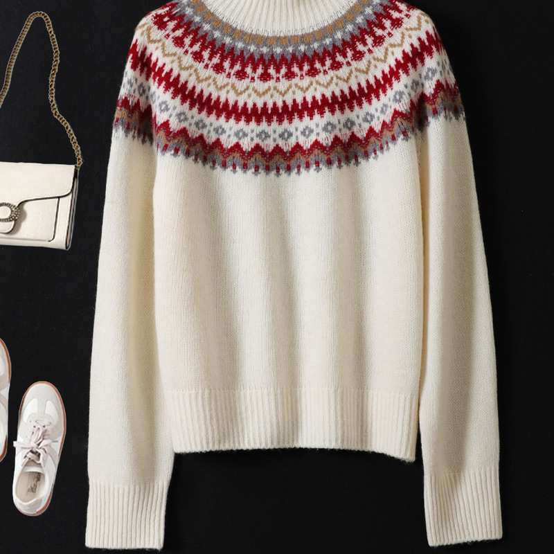 P28 Sheep Wool Half-Turtleneck Fair Isle Jacquard Thickened Half-Turtleneck Sweater for Women 2025 Autumn and Winter Knitwear Top P28 Sheep Wool Half-Turtleneck Fair Isle Jacquard Thickened Half-Turtleneck Sweater for Women 2025 Autumn and Winter Knitwear Top