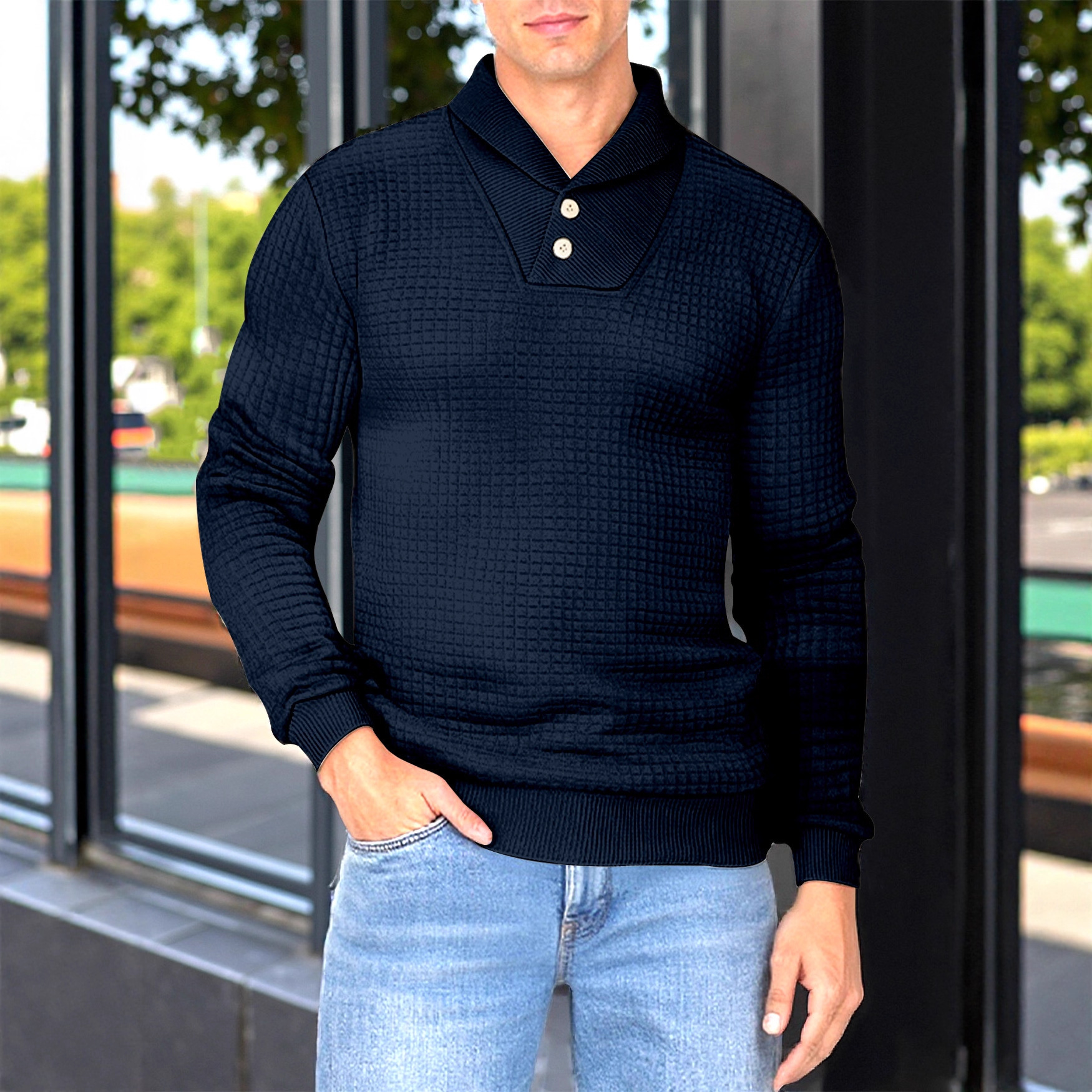 Transfronterizo Europa y América Amazon nuevo hombre pequeño cuadrado Jacquard botón de solapa Waffle camiseta casual de manga larga para hombre