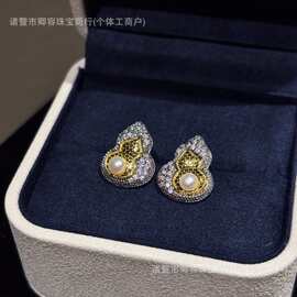 中式国风葫芦福禄双色天然淡水珍珠耳钉金银撞色耳饰简约诸暨珍珠
