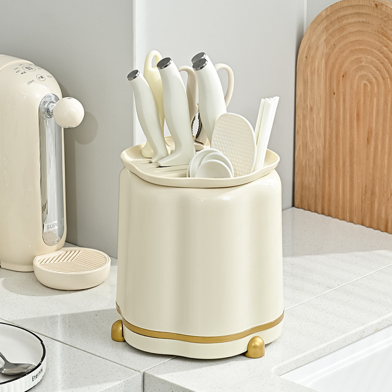 New kitchen rotating knife holder light luxury cream style multi-functional knife storage rack household storage rack integrated chopstick holder
