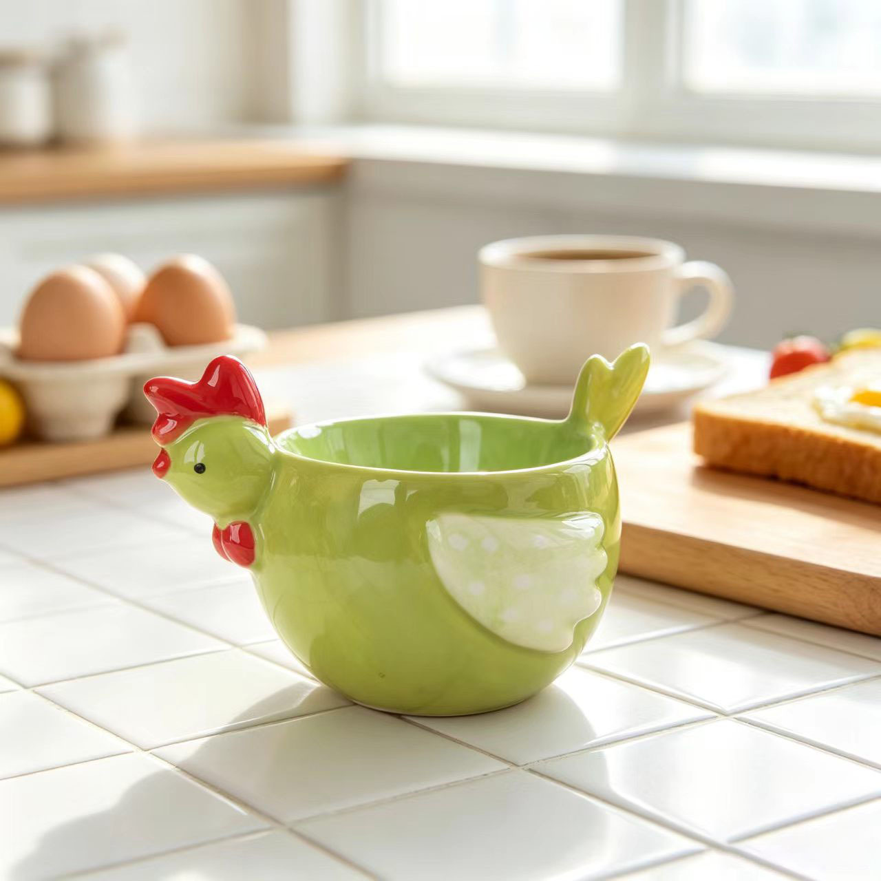 Ceramic Halloween egg cup, green rooster-shaped painted egg cup, polka dot egg holder, boiled egg cup, breakfast gift