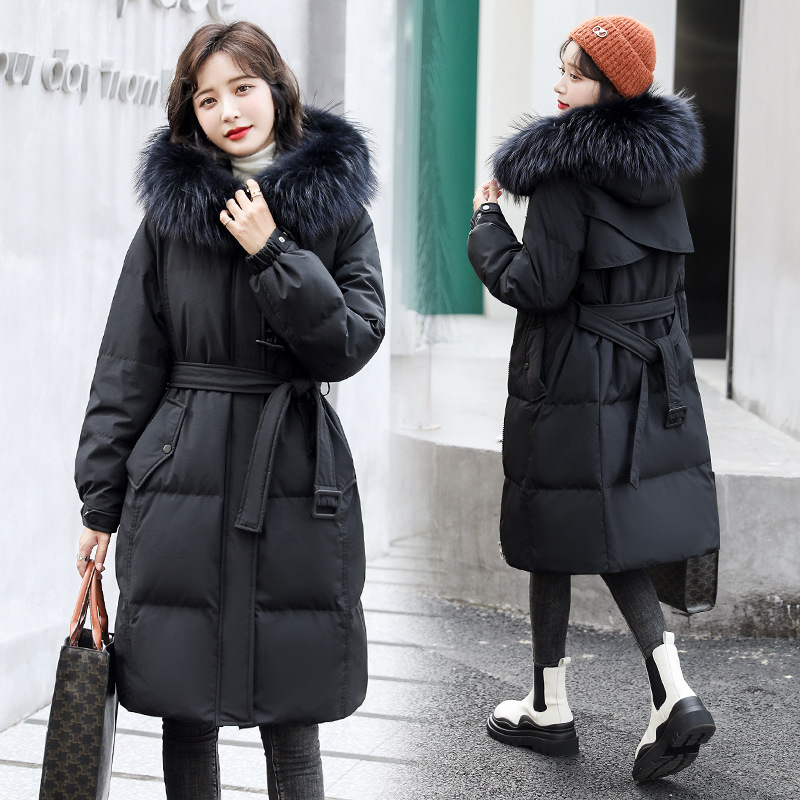 2024 New Korean Style Slim down Jacket Women's Medium Long Thickened Belt Large Fur Collar down Jacket Trendy Manufacturer Wholesale