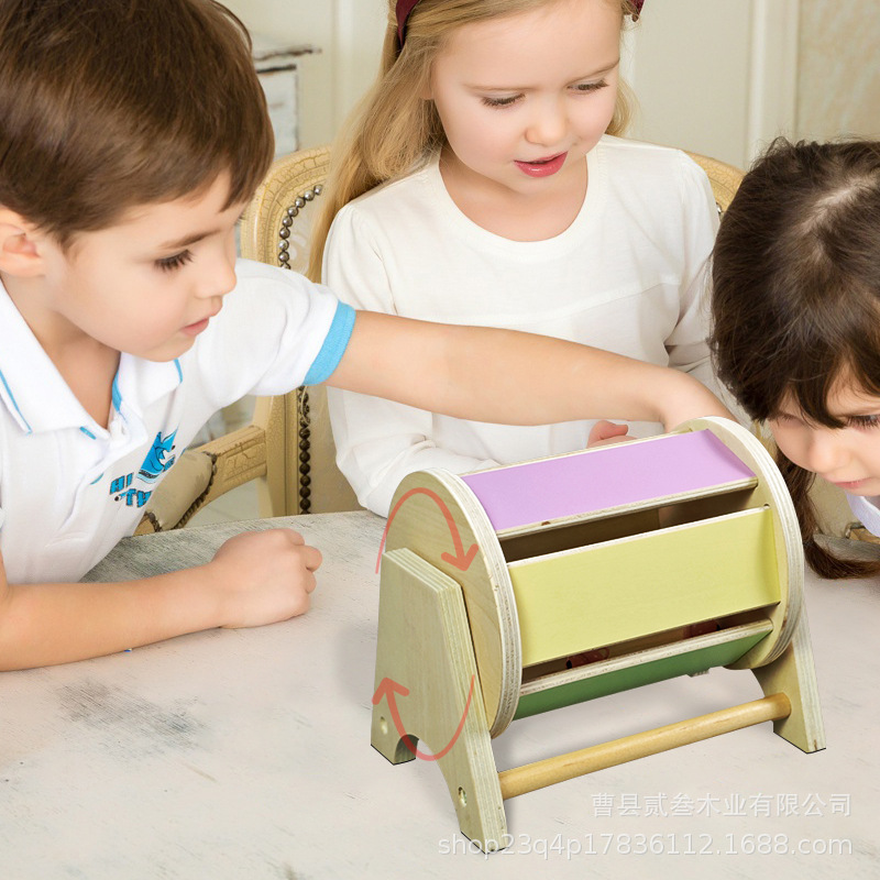 跨境木质滚动鼓蒙氏教具幼儿园纺织鼓科教益智蒙特利梭早教玩具