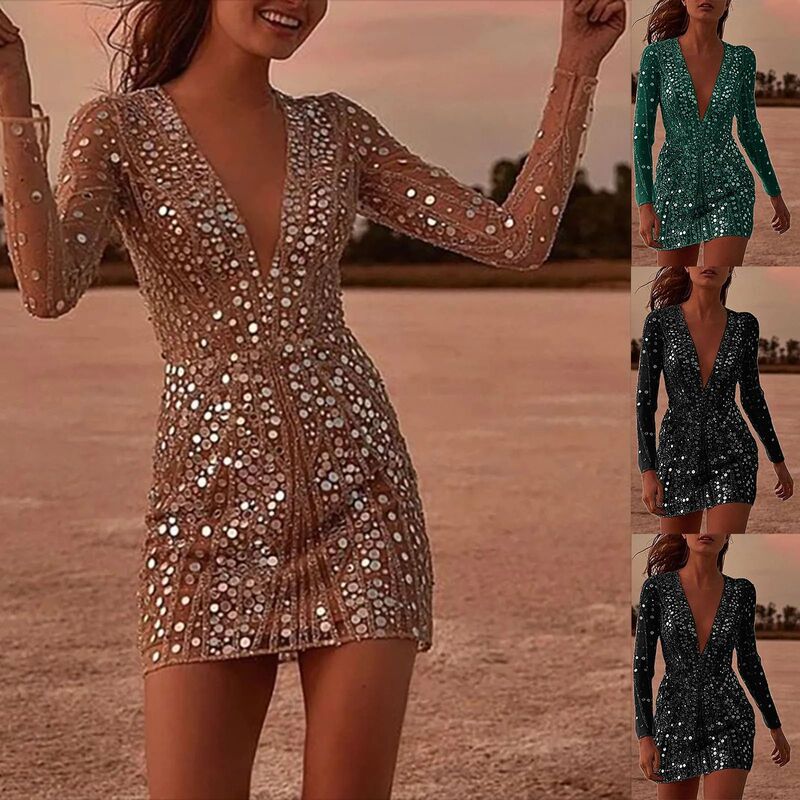 2026 European and American Sexy Deep V See-Through Sequin Bodycon Dress Long-Sleeve Evening Dress Cross-Border Women's Clothing Spring New Style