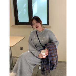 plus size Women's Loose Lazy Style Fake Two-piece Sweat Overskirt suit Casual Long-sleeved Top Skirt Two-piece Set