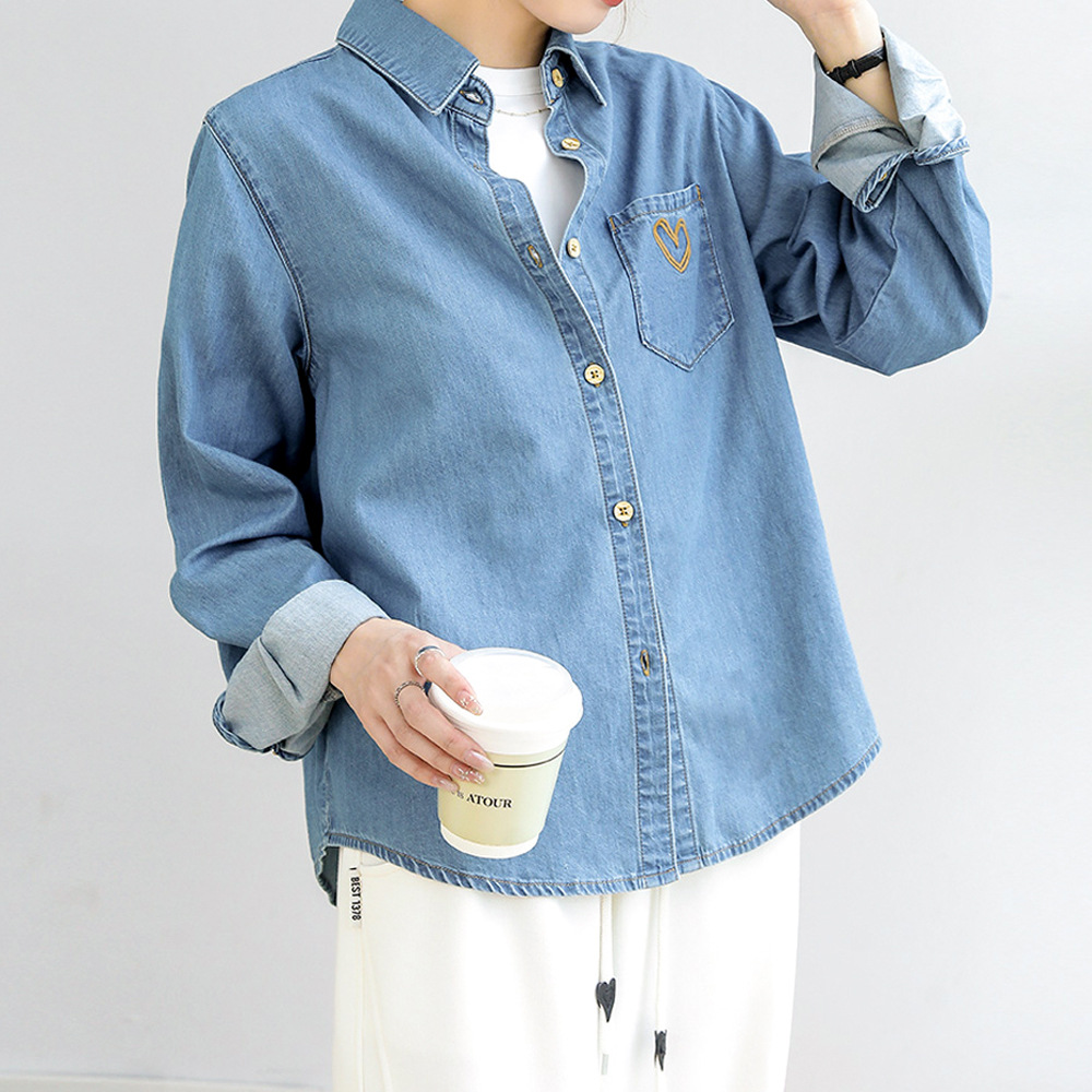 春秋新款港风复古牛仔衬衣蓝色单口袋软土耳其面料牛仔衬衫外套女