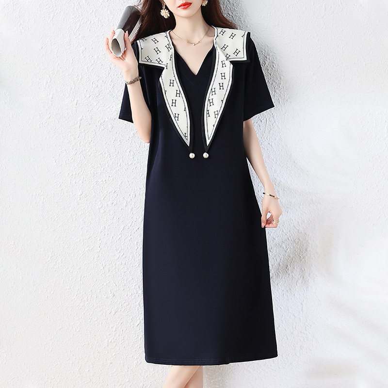 Elegant Square Scarf Spliced Short-Sleeve Dress for Women, Summer 2026 New A-Line Dress, European Style, Plus-Size Loose Dress