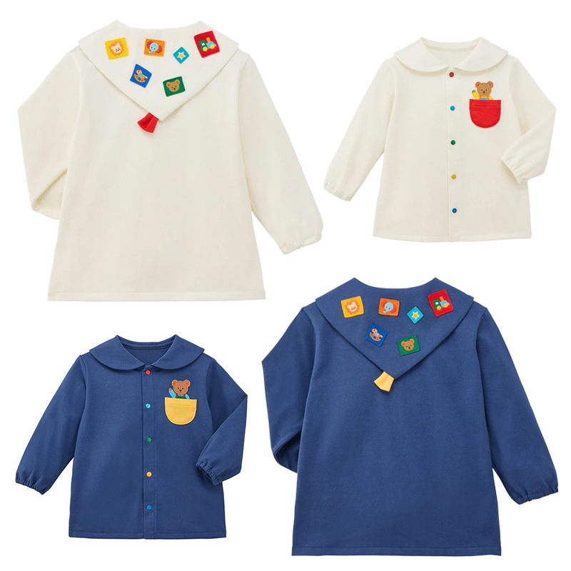In-stock children's long-sleeve shirt with navy collar, Japanese-style cute bear letter embroidery, suitable for toddlers