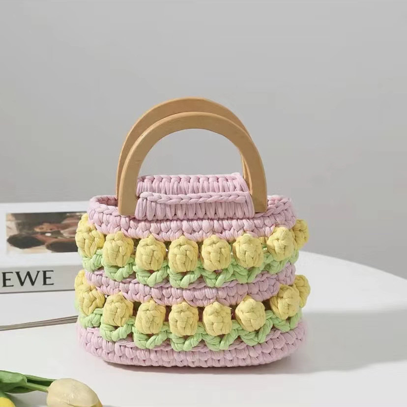 Bolsa de tejido DIY hecha a mano, bolsa de Tulip, tela casera, línea de ganchillo, bolsa de material DIY