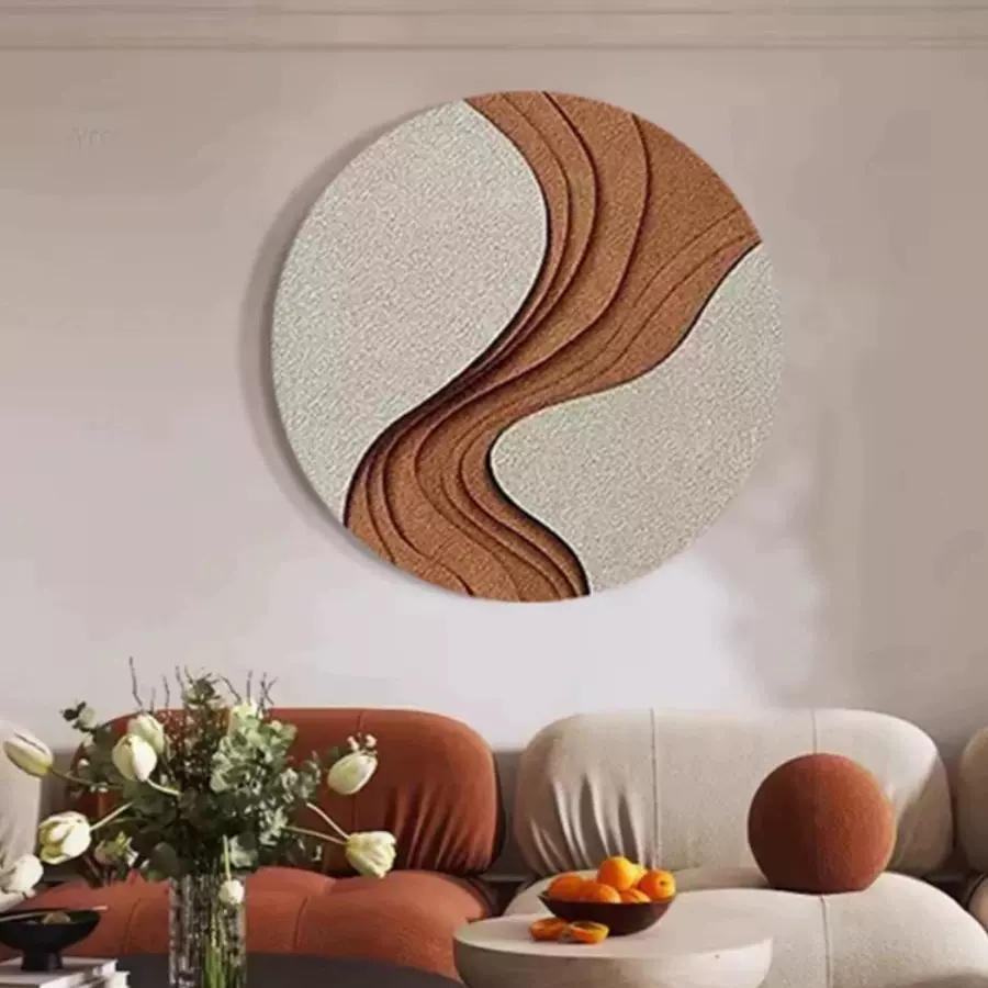 侘寂风砂岩肌理卧室床头装饰画主卧房间圆形挂画立体浮雕客厅壁画