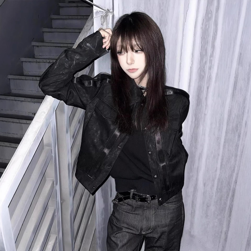 American Retro Black Straight-Shoulder Motorcycle Jacket for Women 2026 Spring and Autumn New Slim-Fit Short Leather Jacket