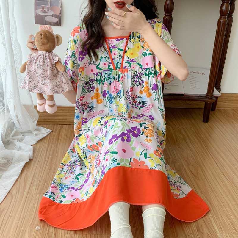 Short-sleeved summer nightgown women's thin extra-large size cotton silk pajamas for home wear extra-large size loose-fit cotton silk skirt