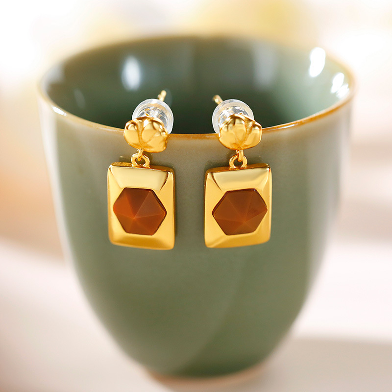 (2개) HUIBAOLI S  골드 도금 사우스 레드 마노 다이아몬드 페이스 커팅 로즈 플라워 버드 기질 고급 귀걸이