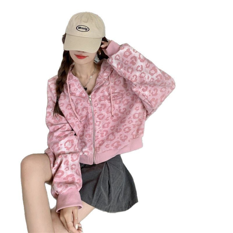 2025ピンクのヒョウ柄のショートカーディガンの女性春と秋の新型のゆったりとした香港風のレトロな帽子のパーカーのファッション|undefined