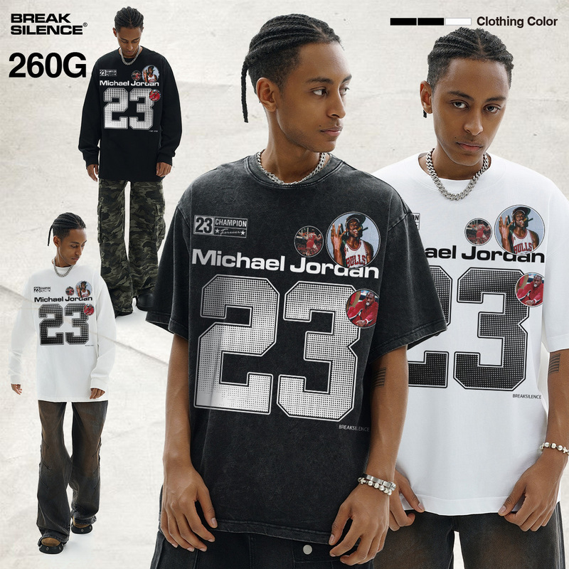 Michael Jordan American Street Washed Heavy Short-sleeved Long-sleeved T-shirt Men's Trendy Cross-border Pure Cotton Printed Top