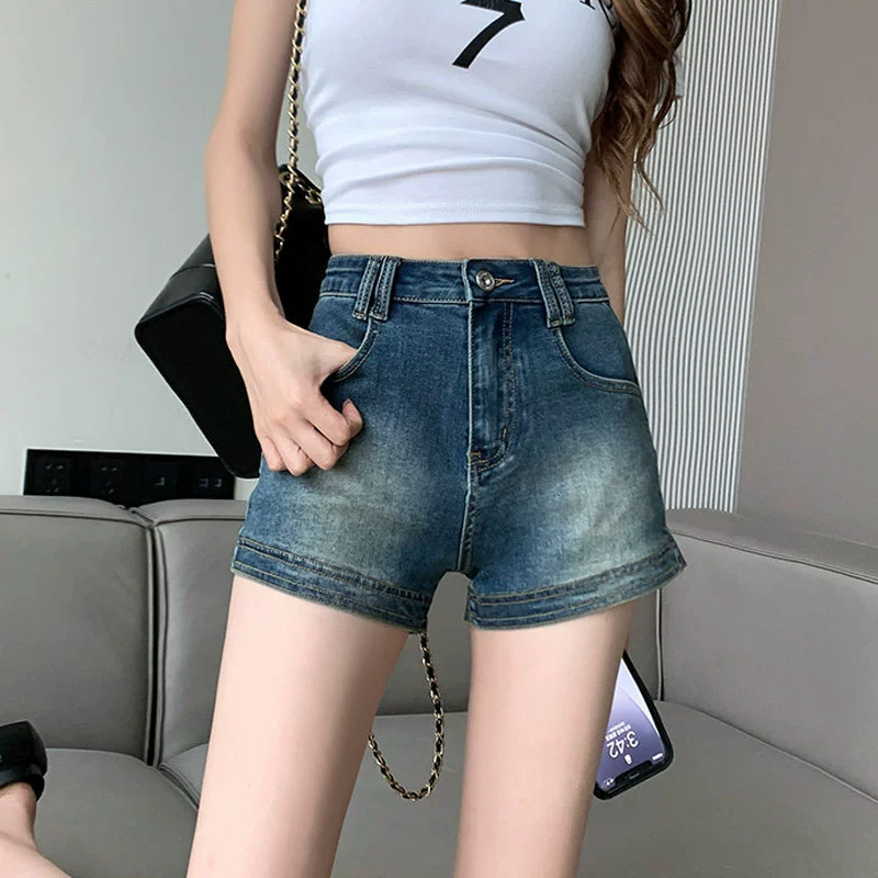 Джинсовые шорты в стиле ретро женские в американском стиле ретро горячие девушки в стиле Инс высокой талией трапециевидные тонкие эластичные прямые шорты