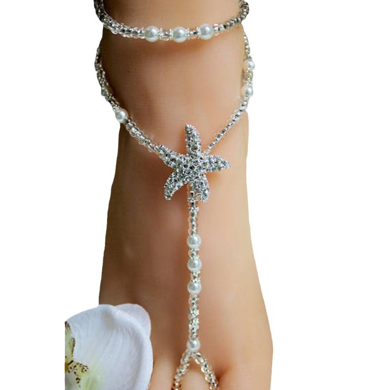 Comercio exterior de doble capa perla rhinestone estrella de mar tobillera playa Boda nupcial pie joyería europea y americana todo partido rhinestone playa