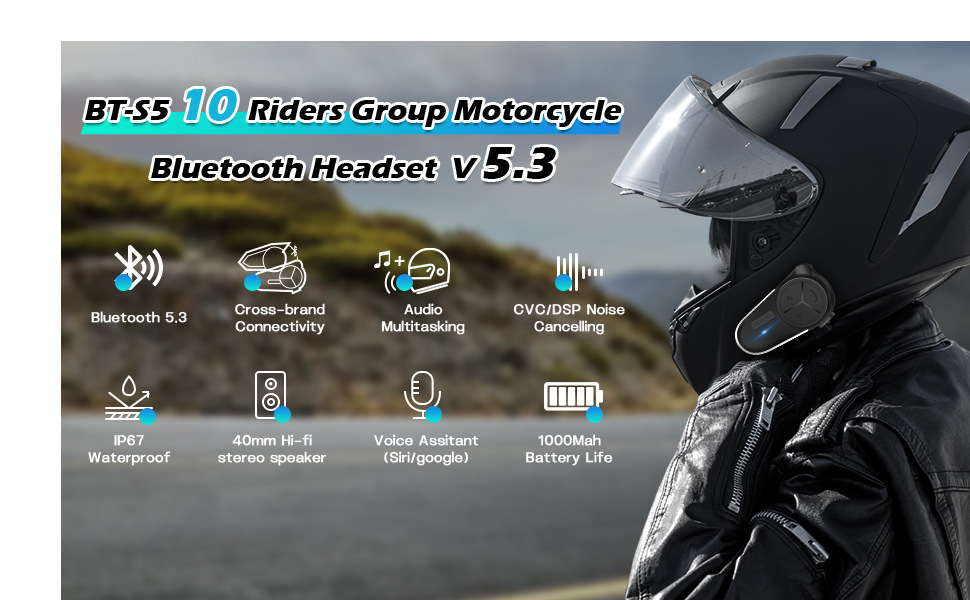 Bt-S5 Dual-Chip Helmet Bluetooth Headset Motorcycle Intercom Headset Helmet Intercom for 3 to 10 People to Communicate Together