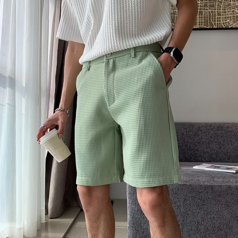여름 반바지 남성용 와플 캐주얼 바지 솔리드 컬러 슬림 핏 얇은 통기성 편안한 남성용 스트레이트 바지