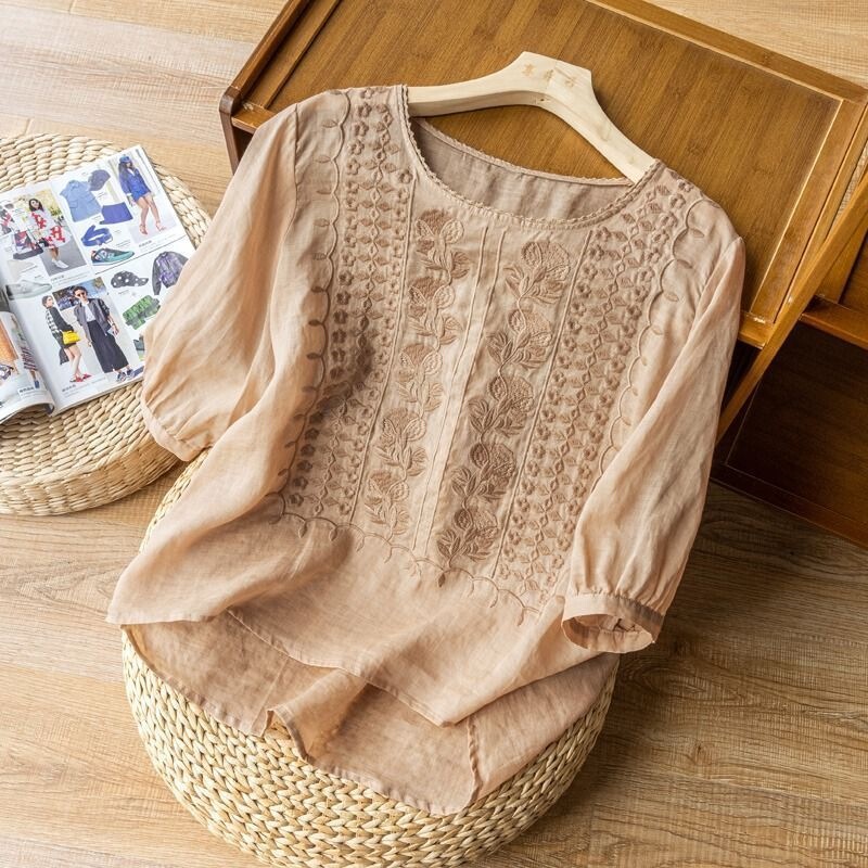 Women's Cotton and Linen Tops, Thin, Round Neck, Loose, Artistic, Embroidered, Retro, Breathable Women's Cotton and Linen Tops, Thin, Round Neck, Loose, Artistic, Embroidered, Retro, Breathable