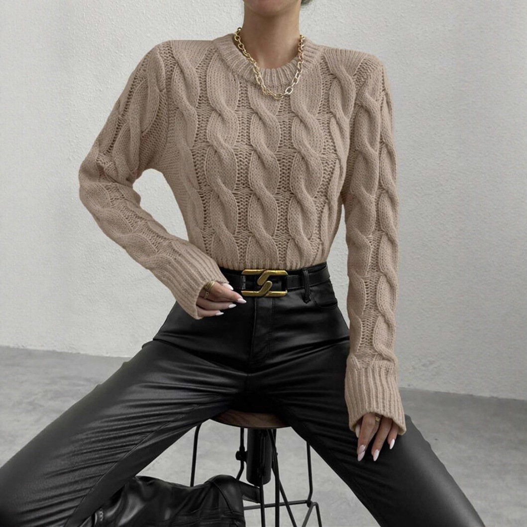 Streetwear Knit Sweater Women’s Oversized Cable Pullover – Winter Trendy Drop-Shoulder Jumper In Black/White/Taupe (S-XL)_voghion.com