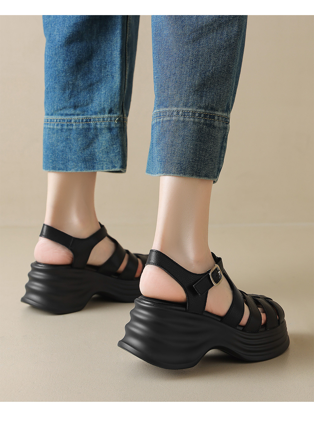 Sandal La Mã đế rỗng dệt mũi kín da thật gót cao 9 cm — đen chi tiết 12