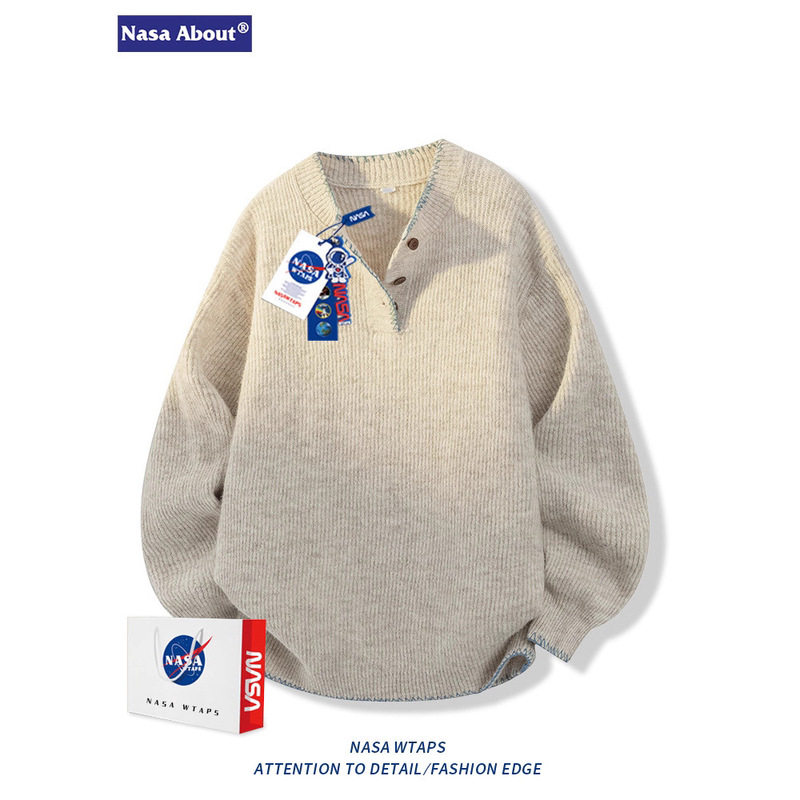 Nasa about American Lazy Style Knitted Woolen Sweater Men's Spring and Autum New Retro Trendy Brand Loose Sweatshirt