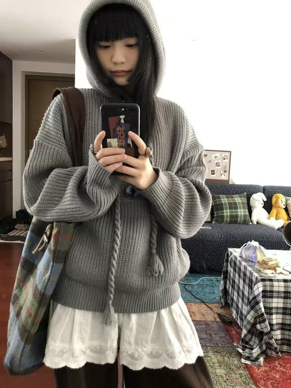 半拉链连帽毛衣女秋冬季新款宽松卫衣软糯针织帽衫外套慵懒风上衣|undefined