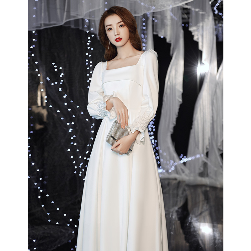 Physical Stock White Evening Dress 2026 New French Square-Neck Elegant Satin Long-Sleeve Long Evening Dress for Banquets