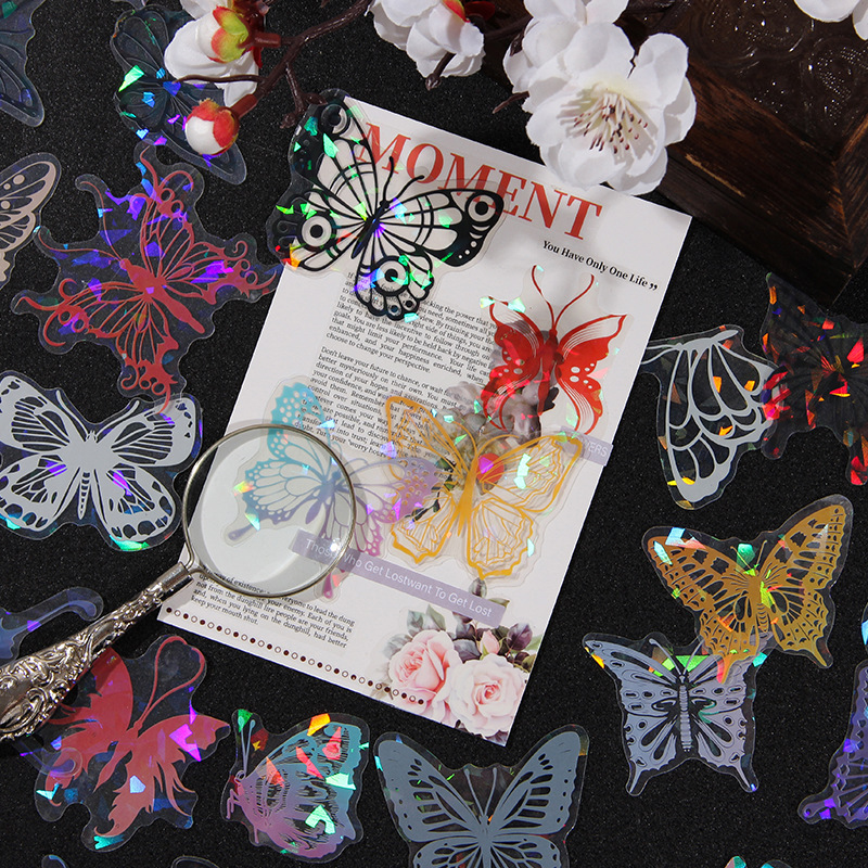 Fluir lluvia mariposa sueño láser transparente pegatinas de mascotas impermeables bolsas DIY cuaderno diario material decorativo pegatinas mariposa hueco