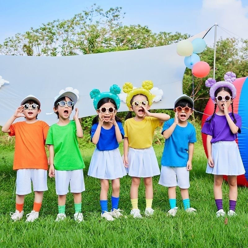 Детские костюмы для выступлений, допамин, полный набор семицветных футболок, детский сад, ученики начальной школы, спортивные игры, черлидинг