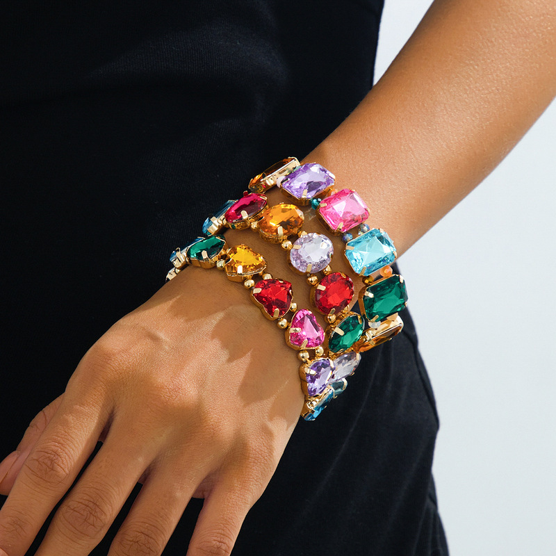European and American Style Trendy Asymmetrical Geometric Inlaid Colorful Resin Block Heart-Shaped Oval Rectangular Bracelet with Random Colors