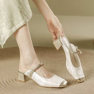New Chinese Style Mary Jane Slippers for Women 2025 New Printed Toe-Toe Slippers Summer One-Line Slippers for Outer Wear